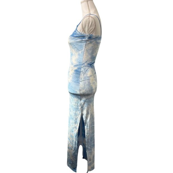 Derek Heart Tie-Dye Spaghetti Strap Maxi Dress Blue & White Side Slit Size S - Picture 2 of 9